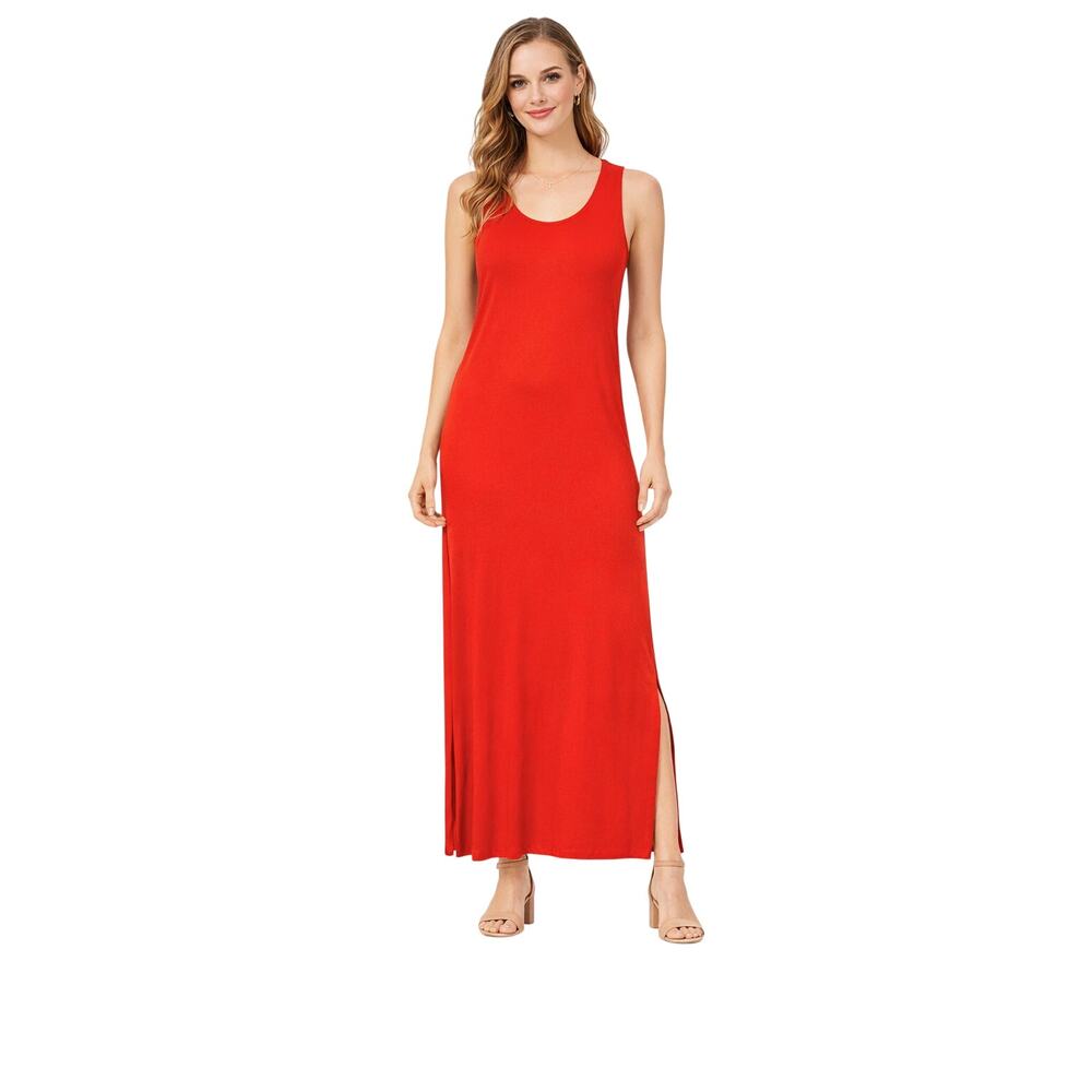 Red Stretch Maxi Dress Size S Soft Side Slits Quiet Luxury Minimalist Resort EUC